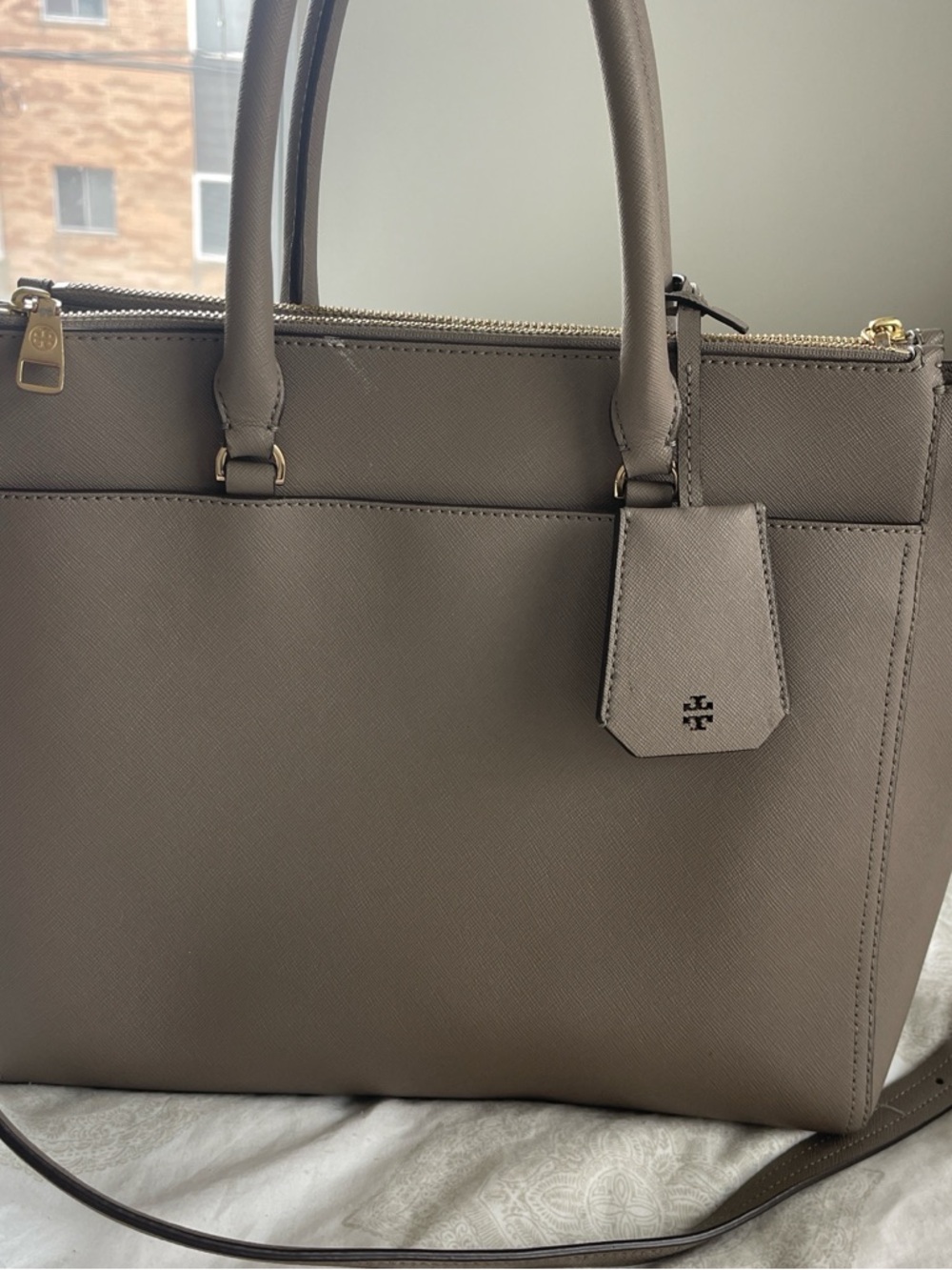 Tory Burch Taupe Saffiano Satchel with Gold Hardware - Picture 2 of 7